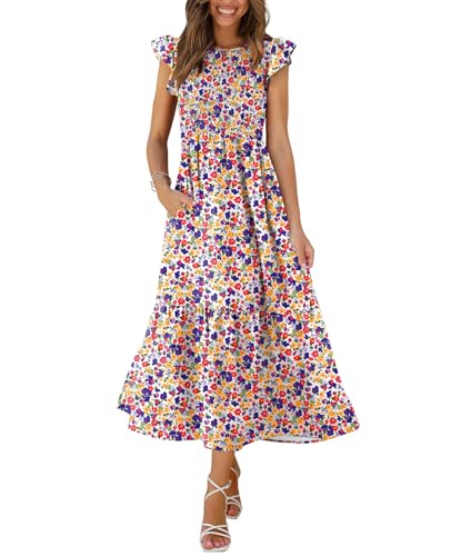 OFEEFAN Women's Casual Maxi Dresses with Pockets Ruffle Sleeve Smocked Dress XS-2XL