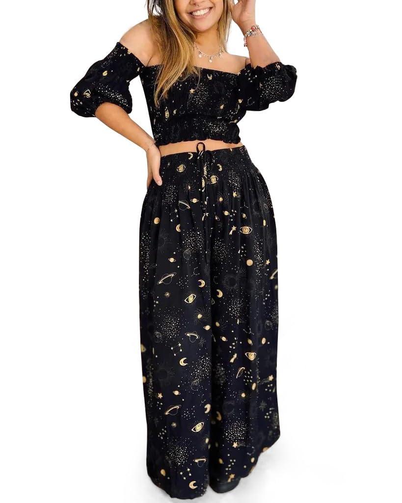 Womens Celestial Clothing Witchy Whimsigoth Outfits Cotton Co-ord Lounge Set Summer Vacation Travel Clothes
