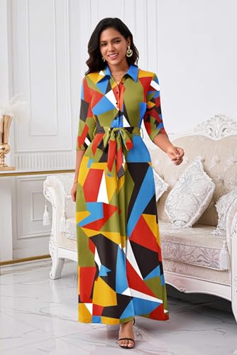 Runwind Womens Maxi Dress 3/4 Sleeve Button Down Church Dress with Pockets