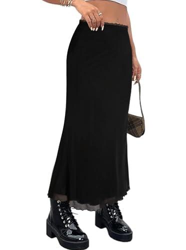 Avanova Women Boho Floral Mesh Long Skirts Elastic High Waisted Mermaid Hem 90s Grunge Maxi Skirt