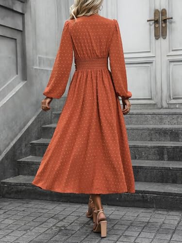Mettclasi Women's Spring Fall Swiss Dot V-Neck Midi Dress Casual Puff Long Lantern Sleeve A-Line Flowy Wedding Guest Dress