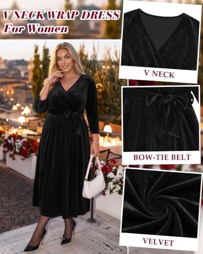 Women's Plus Size Velvet Dress V Neck Wrap Midi Black XL