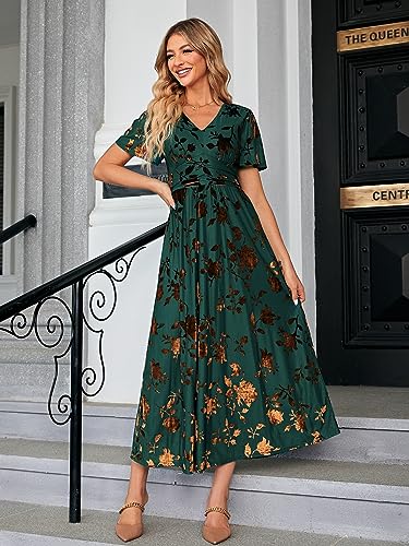 Simplee Women’s V Neck Velvet Maxi Dress Short Sleeve Empire Waist Long Formal Dress for Wedding Guest