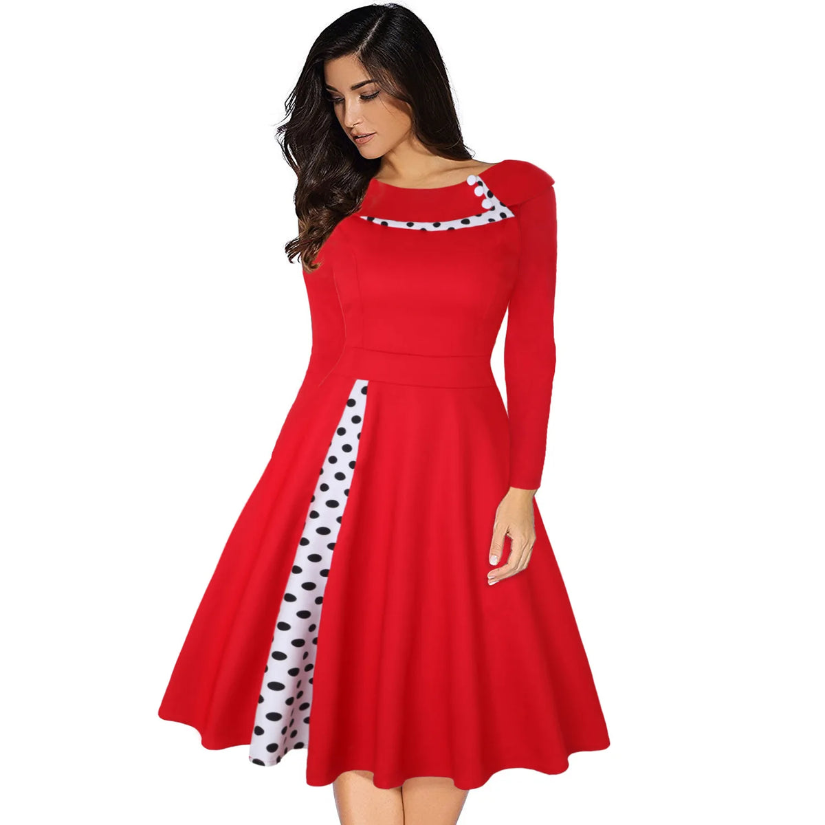 Dress Rockabilly Polka Dot Print Sexy Patchwork Long Sleeve High Waist Swing Casual Party Midi Vestidos Robe