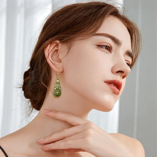 Olive Green Crystal Teardrop Floral Boho Earrings