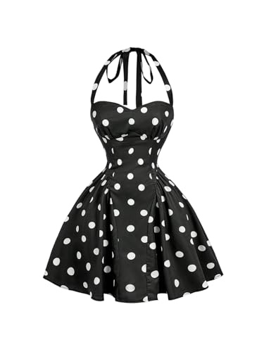 Women's Vintage 1950s Halter Neck Rockability Swing Dress Smocked Fit and Flare Sundress