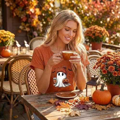 Earlymemb Women Fall Halloween Doodles V Neck Shirt Thanksgiving Casual Tee