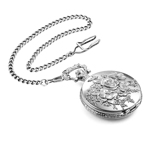 Retro Flower Openwork Cover Quartz Pocket Watch with Chain Half Hunter