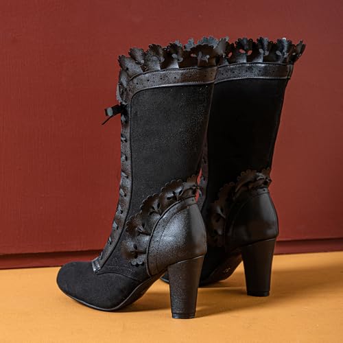 Victorian Boots for Women Vintage Bow Ruffles Goth Boots Costume Lace Up 70S Retro Boots Halloween Witch Stuff Cuban Heel Mid Calf Boots