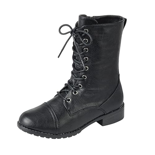 Forever Link Womens Round Toe Military Lace Up Knit Ankle Cuff Low Heel Combat Boots