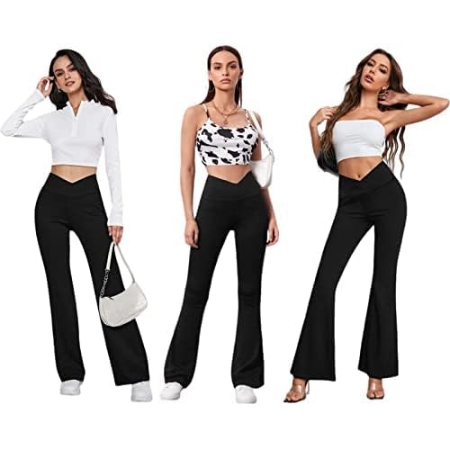 Women's Flare Leggings With Pockets Crossover High Waisted