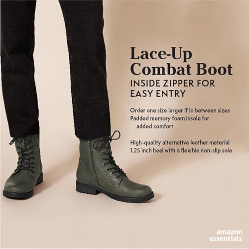 Amazon Essentials Women's Lace-Up Combat Ankle Boots with Side Zipper, Lug Sole