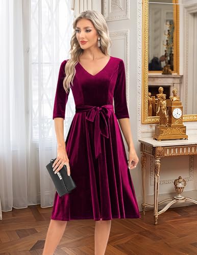Bbonlinedress Women Velvet Christmas Long Sleeve Cocktail Dress Burgundy M