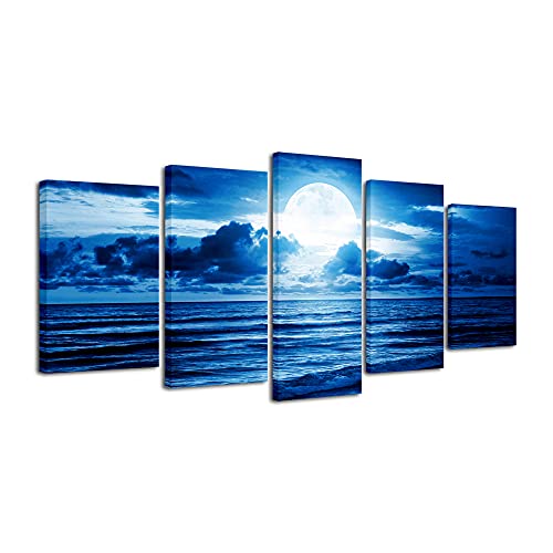 Blue Clouds 5-Piece Canvas Wall Art — Moon Sea Beach Landscape (Modern Art Deco)