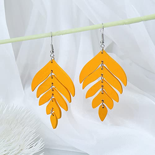 Wooden Palm Leaf Drop Dangle Earrings