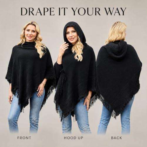 Ferand Women's Witchy Hooded Knit Poncho with Fringe