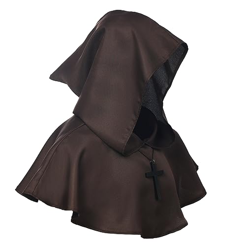 BLESSUME Medieval Cowl Hat Cross Necklace Wicca Pagan Hood Cosplay Accessory