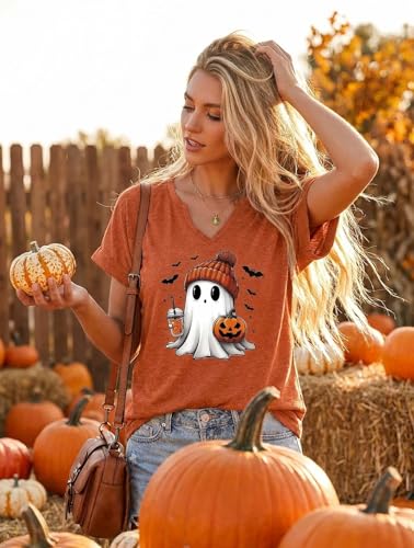 Earlymemb Women Fall Halloween Doodles V Neck Shirt Thanksgiving Casual Tee