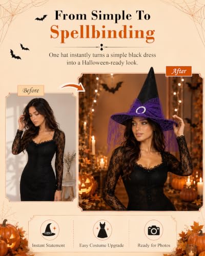 Edoneery Halloween Witch Hat for Women, Mesh Lace Cosplay Costume Accessory