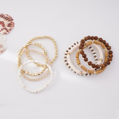 Surfer Heishi Clay Bead Bracelets for Women Bohemian Stackable Gold Plated Beaded Stretch Bracelets Elastic Layering Friendship Bracelets Set Boho Jewelry