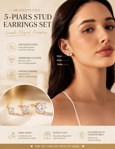 5 Pairs 14K Gold Plated Stud Earrings for Women, CZ Multiple Piercing Set