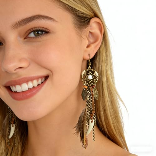 Punk Vintage Long Tassel Feather Beads Drop Wolf Tooth Pendant Earring Fish Hook Earrings Suitable to Wear At All Times