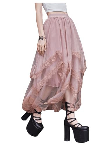 SHENHE Women's Lace Trim Layered Mesh Tulle Skirt Asymmetrical Goth Skirt