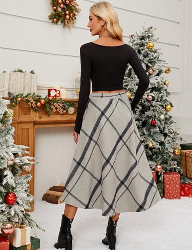 Tanming Womens Plaid Skirt Wool A‑Line Pleated Long Skirt
