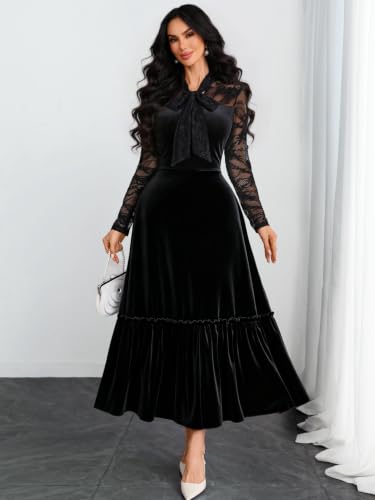GothDark Women's Velvet Dress Lace Long Sleeve Tie Neck Formal Party Outfit