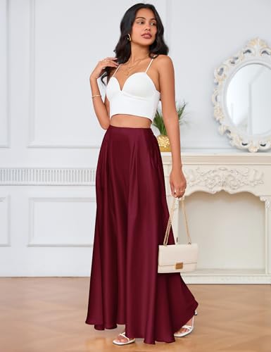 Maxi Satin Skirts for Womens High Waisted Flowy Long A line Skirt Trendy for Office Holiday Party