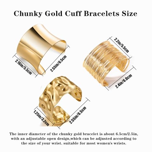 3PCS Gold Chunky Cuff Bracelets for Women Irregular Minimalist Statement Bangle Bracelets Set Open Wide Bangle Arm Cuff Upper Arm Punk Jewelry