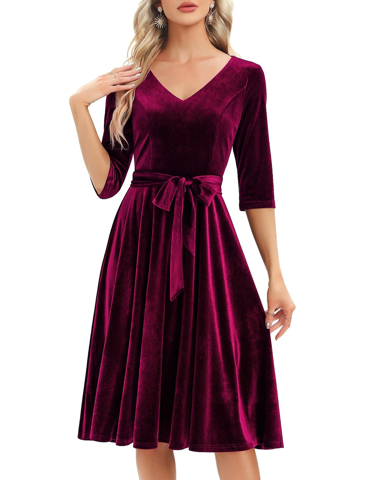 Bbonlinedress Women Velvet Christmas Long Sleeve Cocktail Dress Burgundy M