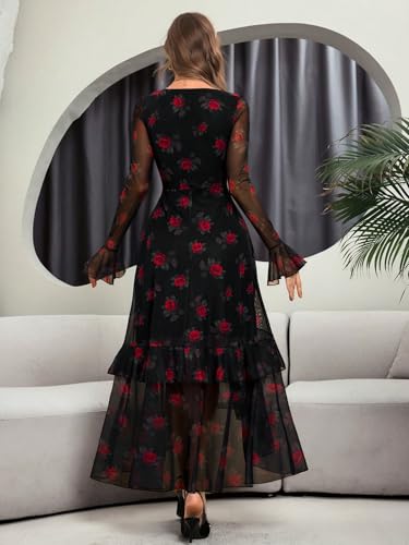 GothDark Women's Floral Mesh Square Neck Fall Wedding Guest Maxi Dress