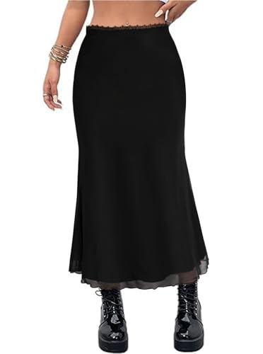 Avanova Women Boho Floral Mesh Long Skirts Elastic High Waisted Mermaid Hem 90s Grunge Maxi Skirt