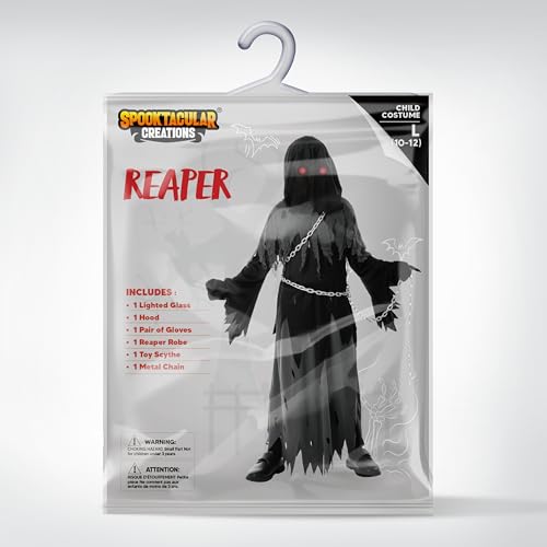 Spooktacular Creations Glowing Eyes Grim Reaper Costume for Kids, Halloween Costume for Boys, Halloween, Dress-up Party
