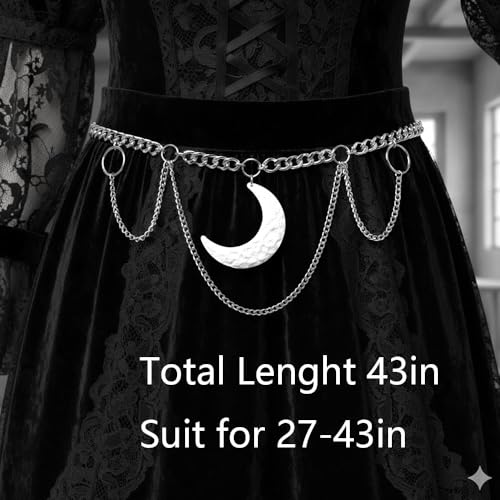 Moon Layered Waist Chain Belt — Punk Gothic Skull Body Chain, Three‑Tier Tassel Waist Harness (Antique Silver or Black)
