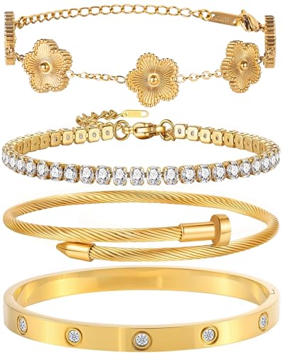 18K Gold Plated Bangle Bracelet Set for Women Stackable Lucky Floral Adjustable Tennis Bracelet Non Tarnish Gift Jewelry for Christmas Valentines Birthday Mother's Day