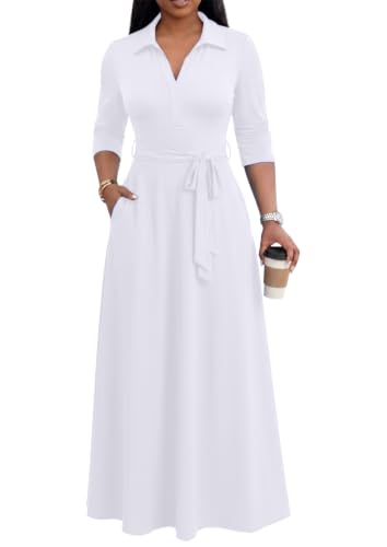 Maxi Dresses for Women Casual V Neck 3/4 Sleeve Long Church Dress Semi Formal Outfits with Pockets