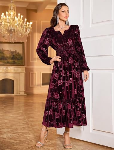ZAFUL Womens Velvet Dress Long Sleeve Maxi Dresses Floral Smocked Waist