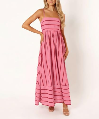 chouyatou Women's Striped Back Smocked Maxi Dress Sexy Spaghetti Strap Cut Out Flowy Swing Long Dress