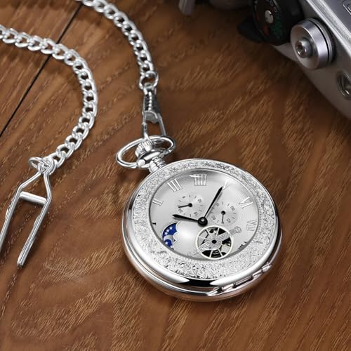 Mechanical Pocket Watch for Men — Antique Silver Wind-Up with Chain