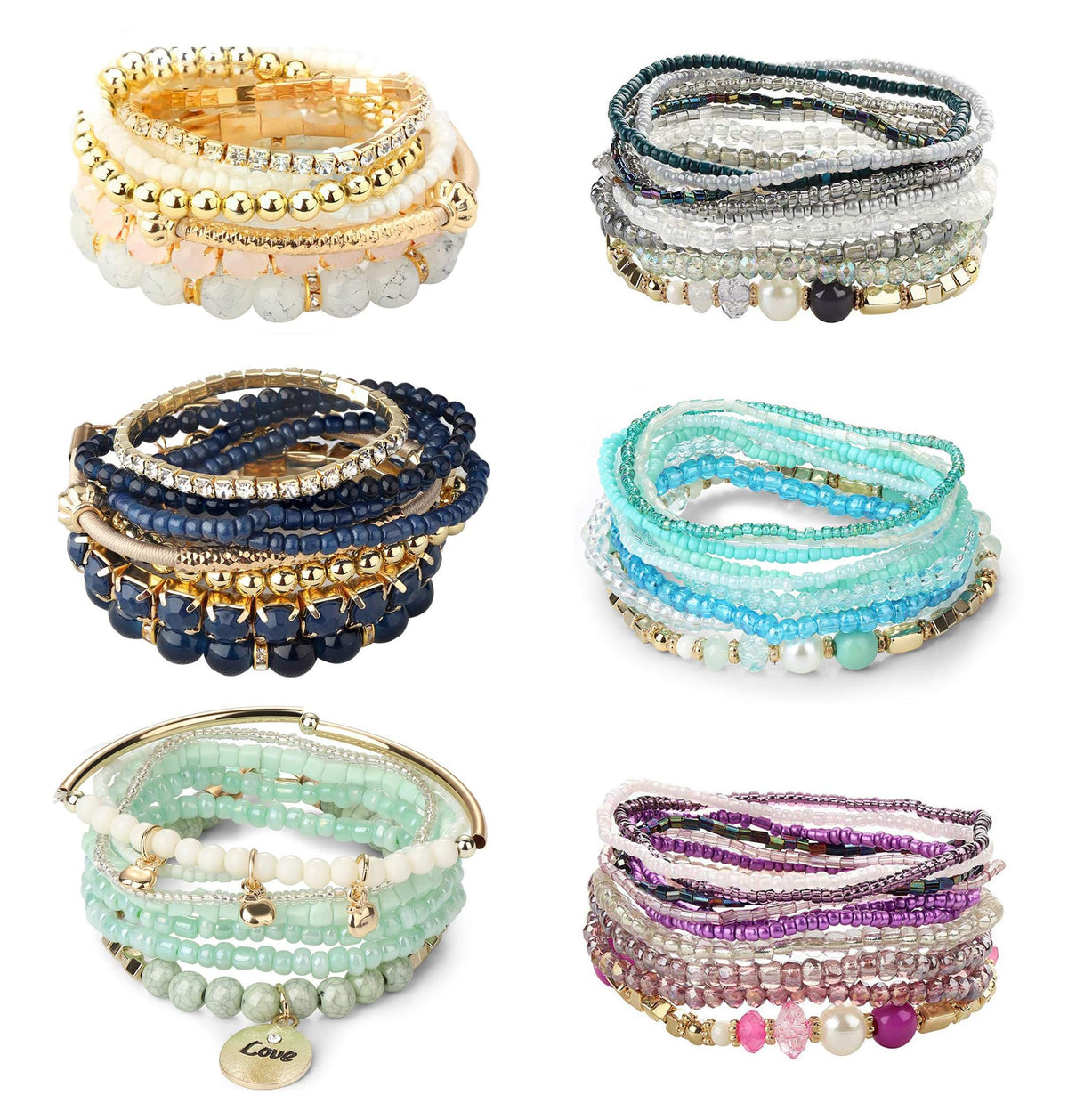 6 Sets Bohemian Stackable Bead Bracelets for Women Stretch Bohemian Style Stretch Multilayered Boho Bracelet Set