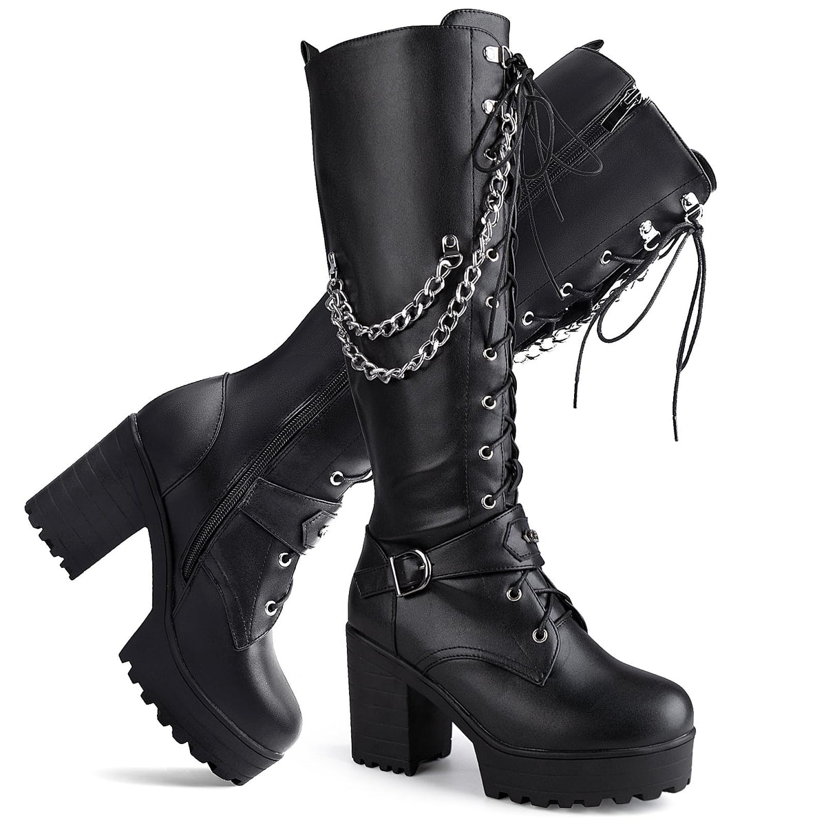 Ladies' Boots Women Fashion Platform Block Heels Knee High Boots Lace up