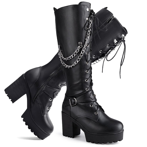 Ladies' Boots Women Fashion Platform Block Heels Knee High Boots Lace up