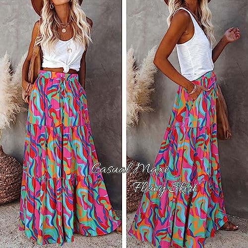 EARKOHA Womens Boho Maxi Skirt 2026 Summer Cruise Casual High Waist Tie Flowy Long Skirt with Pockets For Beach Vacation