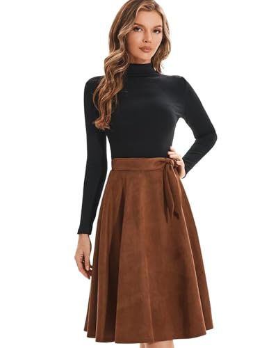 DIASHINY Faux Suede Knee Length Skirt for Women High Waist Flared Stretch A Line Midi Skater Skirts