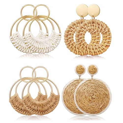 Raffia Rattan Boho Hoop Earrings (4 Pairs) Main image