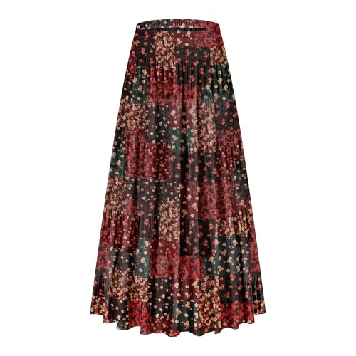 CYiNu Women's Chiffon Elastic High Waist Tiered Pleated Floral Printed A-Line Boho Long Maxi Skirts