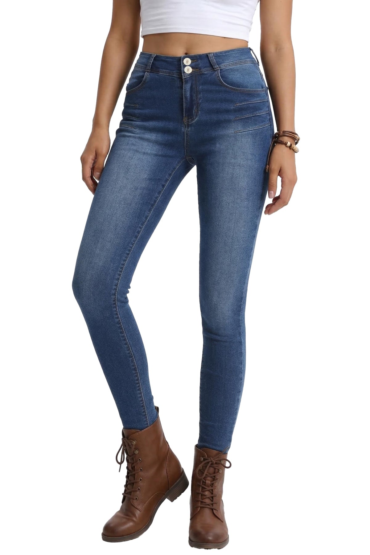 Women's Skinny Jeans High Waisted Stretch Blue Wash, Double Button