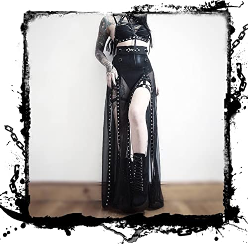 Goth Double Slit Maxi Skirt for Women Punk Black See Through Sheer Mesh Long Split Skirts